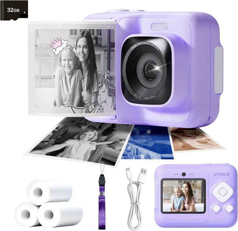 ETIKEZ Instant Print Camera for Kids, HD Digital Camera, Christmas Birthday Gifts for 4 5 6 7 8 9 10 Year Old Girls Boys, Portable Toy Camera with 32GB SD Card & 3 Rolls Printing Paper, Violet - Image 1